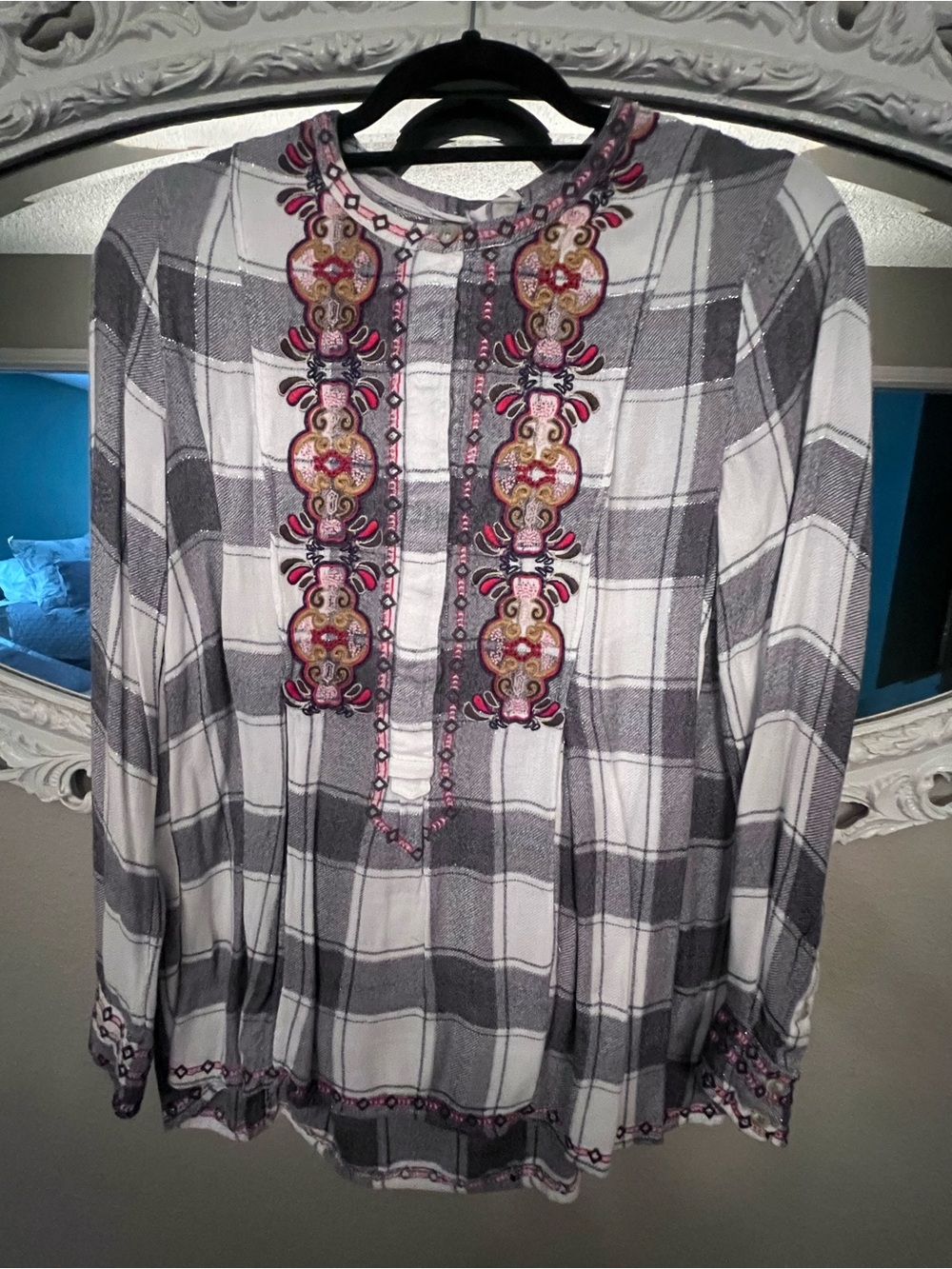 Anthropologie Gray & Pink Embroidered Plaid Tunic